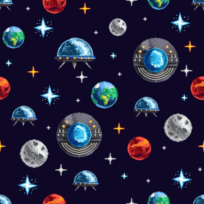 Behang Pixel design of seamless background with colorful planets and spacecraft