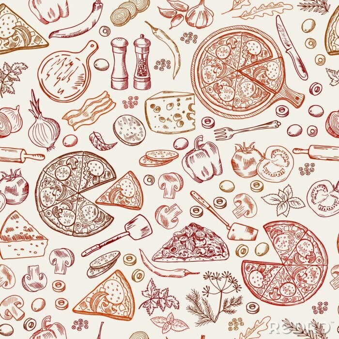 Behang Pizza en ingrediënten in roodtinten