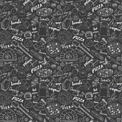 Behang Pizza ingrediënten en inscripties op een donkere achtergrond