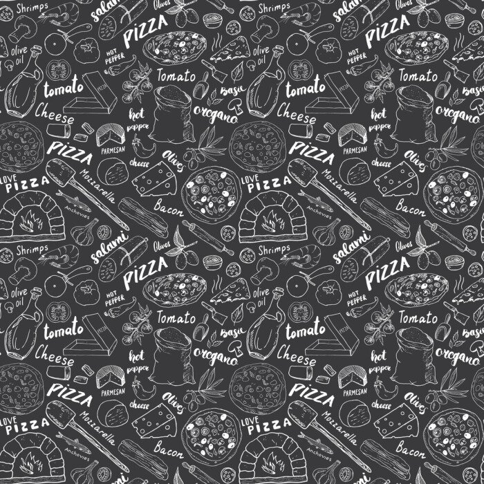 Behang Pizza ingrediënten en inscripties op een donkere achtergrond