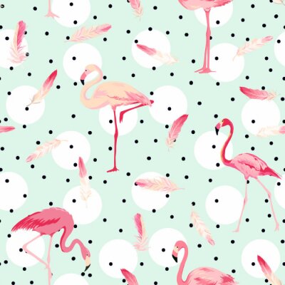 Behang Polka dot flamingo vogels