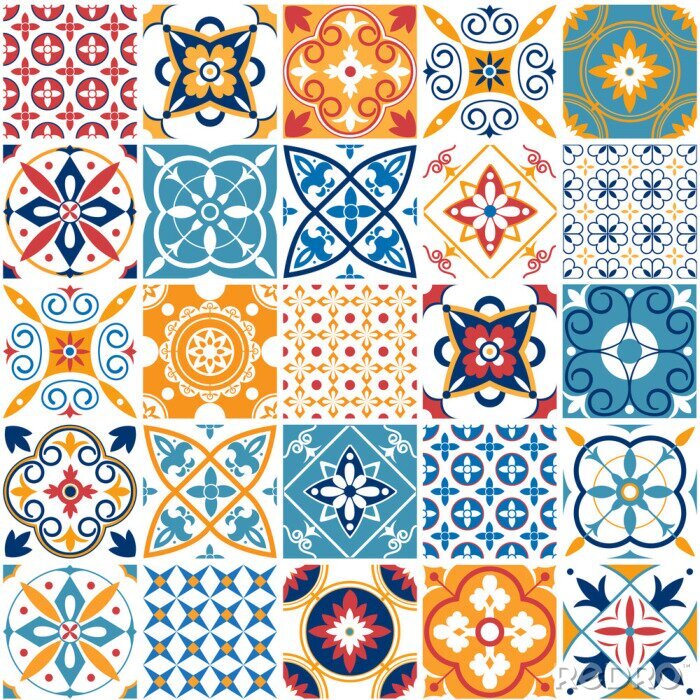 Behang Portugal naadloze patroon. Uitstekende mediterrane keramische tegeltextuur. Geometrische tegelspatronen en vectorreeks van de muurdruktexturen