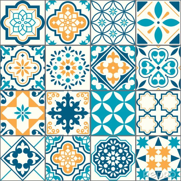 Behang Portuguese or Spanish Azujelo vector seamless tiles design - Lisbon retro truquoise and yellow pattern, tile big collection 	