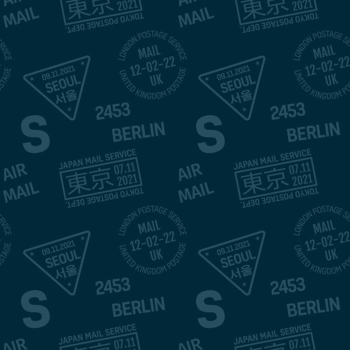 Behang Postzegelpatroon, voor print en web. Tekst in het Japans betekent Tokyo, in Koreaans - wat betekent dat Seoul.