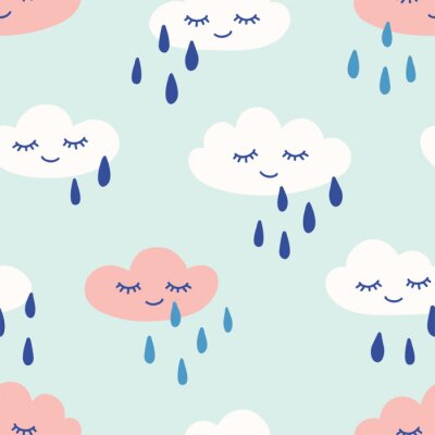 Behang Rainy clouds with eyes and smile cute seamless pattern. Print for kids. Vector hand drawn illustration