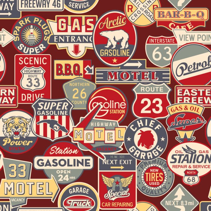 Behang Reclame en verkeersborden - vector naadloze patroon