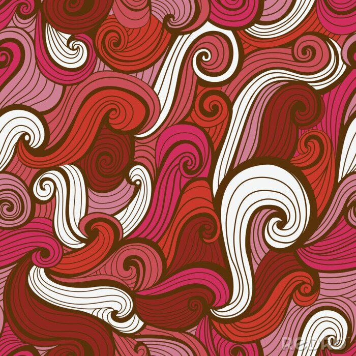 Behang Red Doodle Waves Seamless Pattern