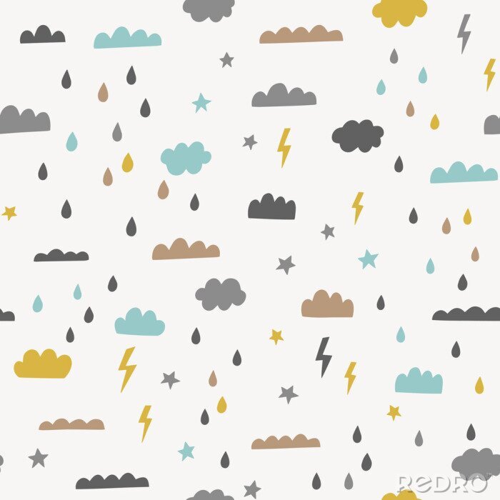 Behang Regen vector naadloze patroon met wolken, regendruppels, bliksem, sterren. Hemel vectorachtergrond in blauw, geel, bruin en zwart. Hipster scandinavische stijl print ontwerp.