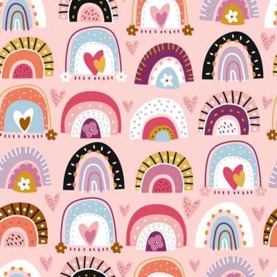 Sticker Regenbogen met bloemen op roze achtergrond