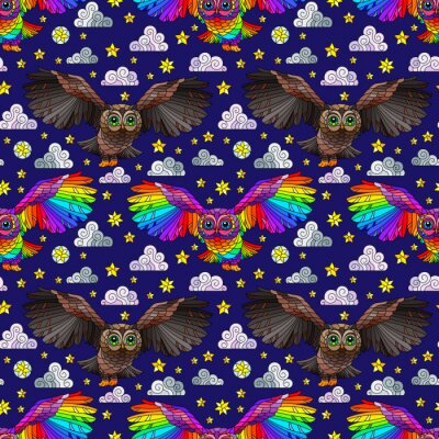 Behang Regenboog en bruine uilen op een donkere achtergrond