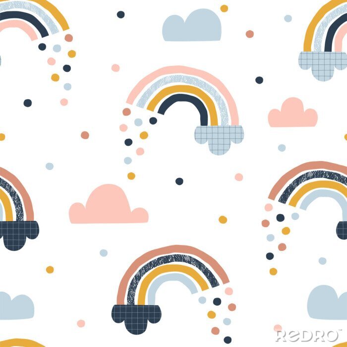 Behang Regenboog tussen wolken en kleurrijke regendruppels
