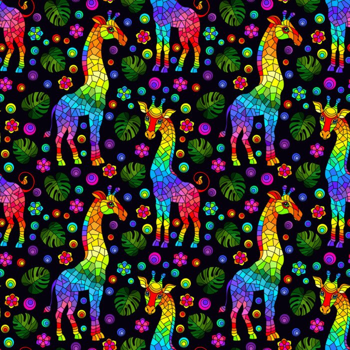 Behang Regenbooggiraffen tussen tropische bladeren