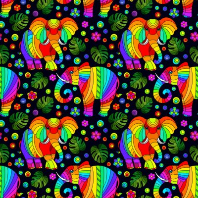Behang Regenboogolifanten op een zwarte achtergrond in bladeren