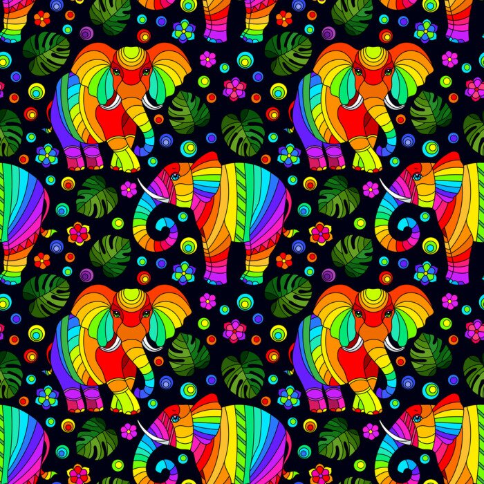 Behang Regenboogolifanten op een zwarte achtergrond in bladeren