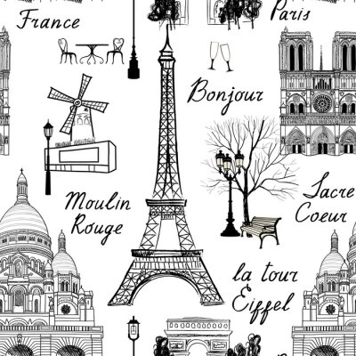 Behang Reizen Parijs naadloos patroon. Vakantie in Europa behang. Reizen naar beroemde plaatsen van de Franse achtergrond te bezoeken. Landmark betegeld grunge patroon.
