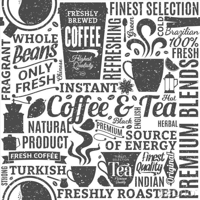 Behang Retro gestileerde typografische vectorkoffie en thee naadloze patroon of achtergrond