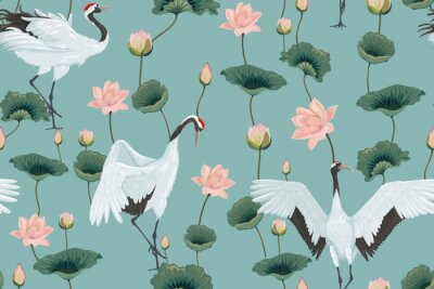 Behang Retro kraanvogels en lotusbloemen