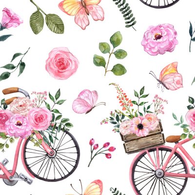 Behang Retro motief met roze fiets en waterverfbloemen