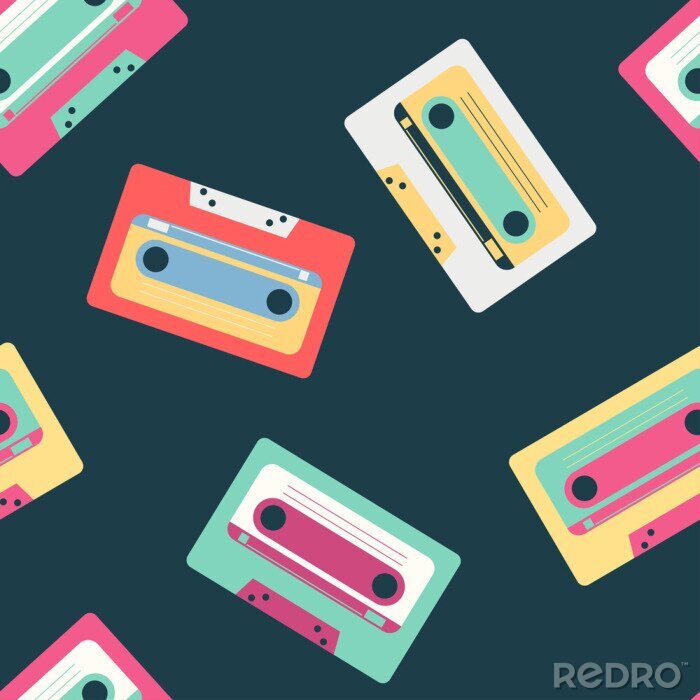 Behang Retro music cassette vector seamless pattern on background for wallpaper, wrapping, packing, and backdrop.