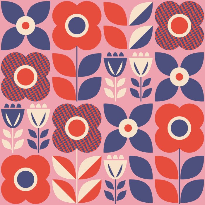Behang Retro rode en blauwe bloemen in Scandinavische stijl