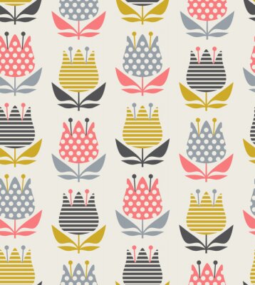 Behang Retro Scandinavische bloemen met stippen en strepen