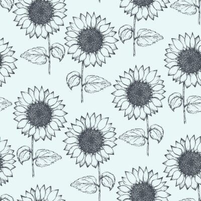Behang Retro seamless pattern with outline ink pen sunflower sketch on tender blue background. Hand drawn illustration of beautiful sun flower, texture for textile, wrapping paper, surface