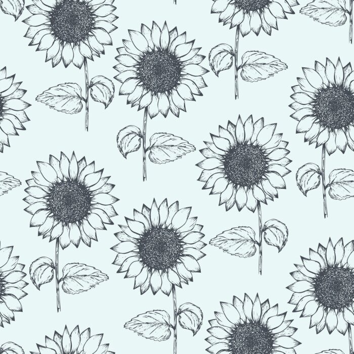 Behang Retro seamless pattern with outline ink pen sunflower sketch on tender blue background. Hand drawn illustration of beautiful sun flower, texture for textile, wrapping paper, surface