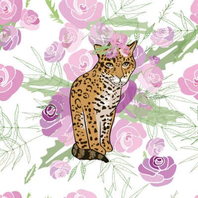 Behang Retro-stijl Illustratie met bloemen en dieren