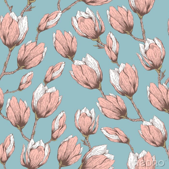 Behang Retro-stijl magnolia tekening