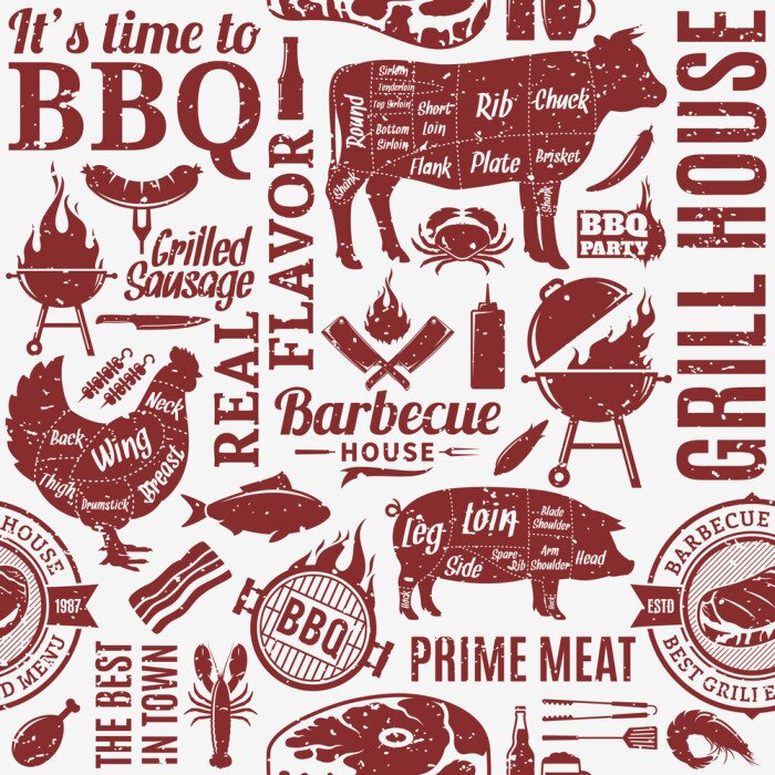 Behang Retro stijl typografisch vector barbecue naadloos patroon