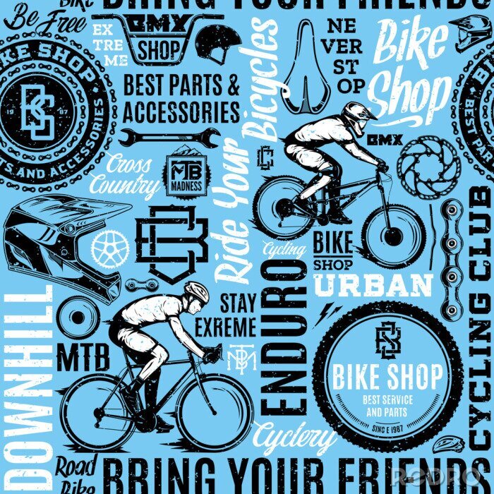 Behang Retro styled vector bicycle seamless pattern or background in black, blue and white colors. Bike shop badges, mountain, bmx and road biking icons and design pieces