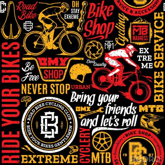 Behang Retro styled vector bicycle seamless pattern or background in black, white, red and yellow colors. Bike shop and club badges. Mountain and road biking icons and design elements