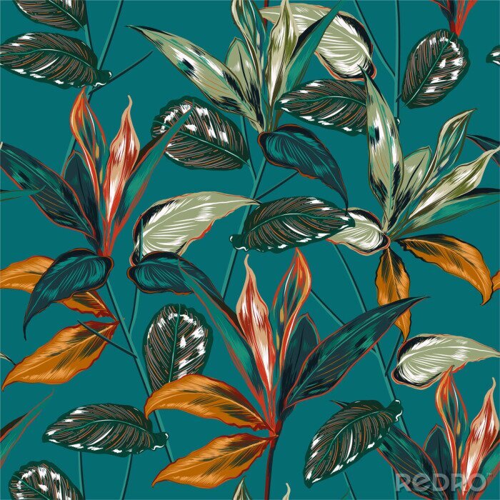 Behang Retro Tropical forest  botanical Motifs scattered random. Seamless vector texture Floral pattern in the many kind of wild plants Printing with in hand drawn style