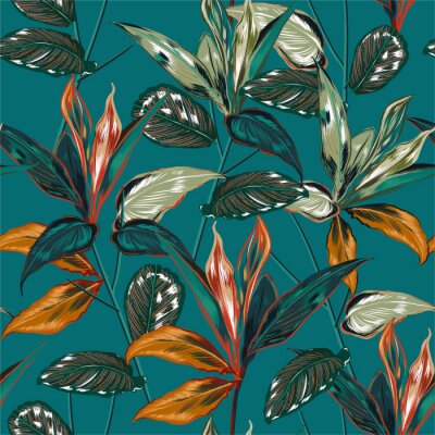 Behang Retro Tropical forest  botanical Motifs scattered random. Seamless vector texture Floral pattern in the many kind of wild plants Printing with in hand drawn style