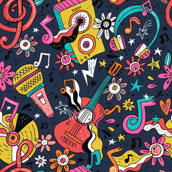 Behang Rock n roll doodle vector seamless pattern