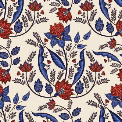 Behang Rode bloemen en blauwe bladeren op een beige achtergrond