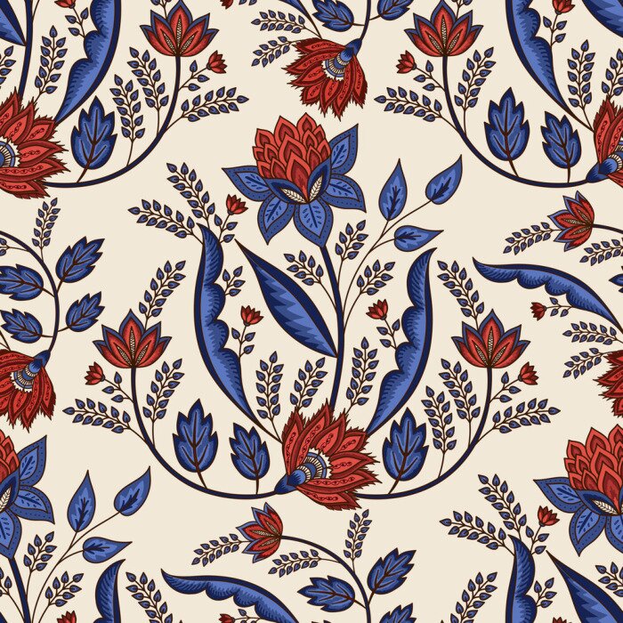 Behang Rode bloemen en blauwe bladeren op een beige achtergrond