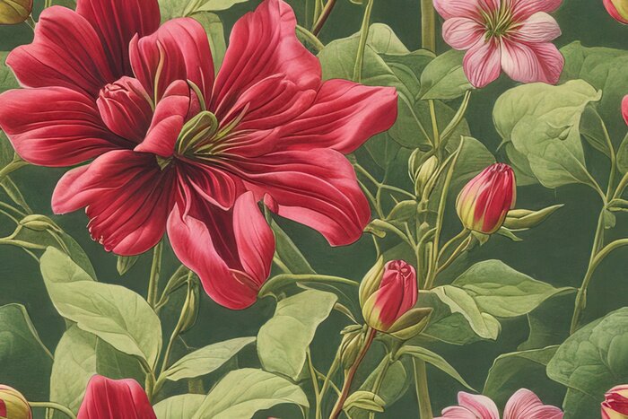 Behang Rode bloemen in een groene tuin