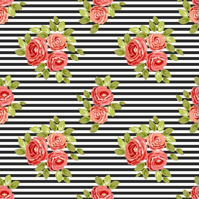 Behang Rode bloemen met bladeren op een zwart-wit gestreepte achtergrond