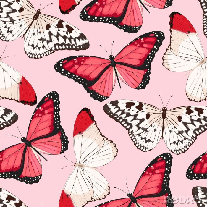 Behang Rode en beige vlinders op een roze achtergrond