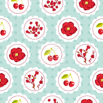 Behang Rode kersen en bloemen op een blauwe achtergrond