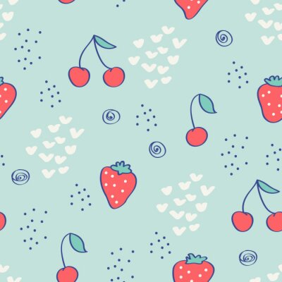 Behang Rode kleine vruchten op een blauwe achtergrond