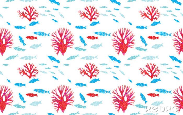 Behang Rode koralen en blauwe vissen