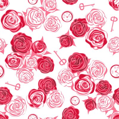 Behang Rode rozen en witte rozen, sleutel en klok op witte achtergrond. Naadloos patroon. Alice in Wonderland achtergrond, behang. Vector illustratie