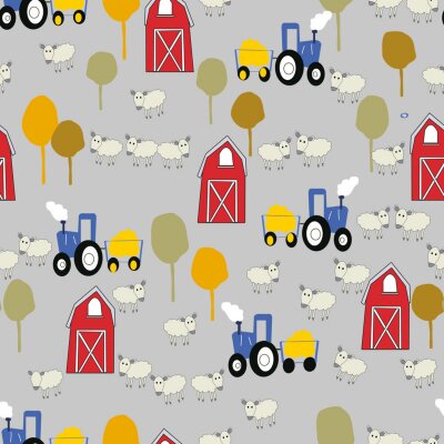 Behang Rode schuur en het naadloze patroon van de schapenboerderij