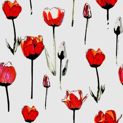 Behang Rode tulpen in vintage stijl op grijze achtergrond