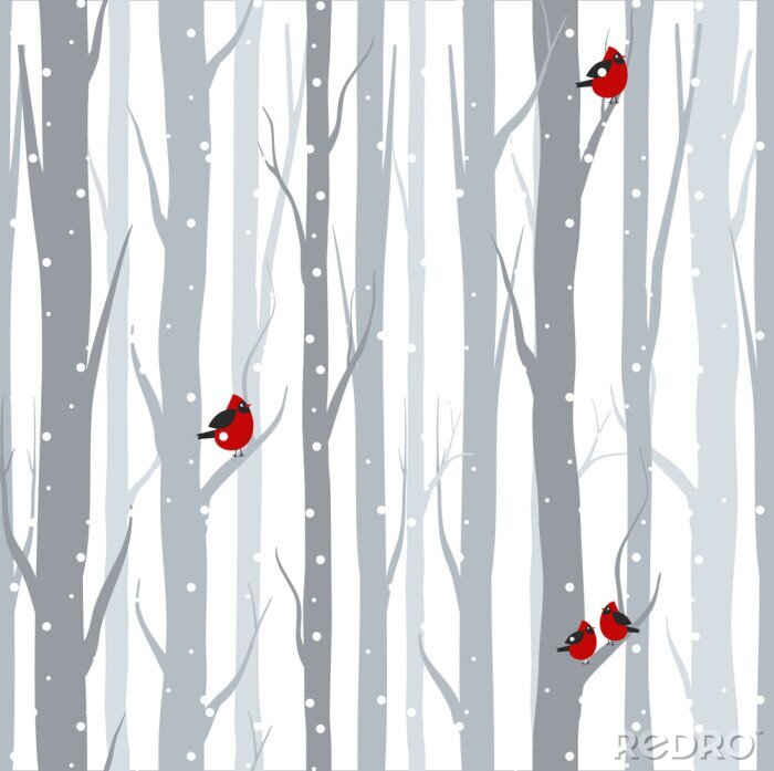 Behang Rode vogels die op berkenbomen zitten