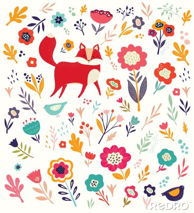Behang Rode vossen tussen kleurrijke bloemen