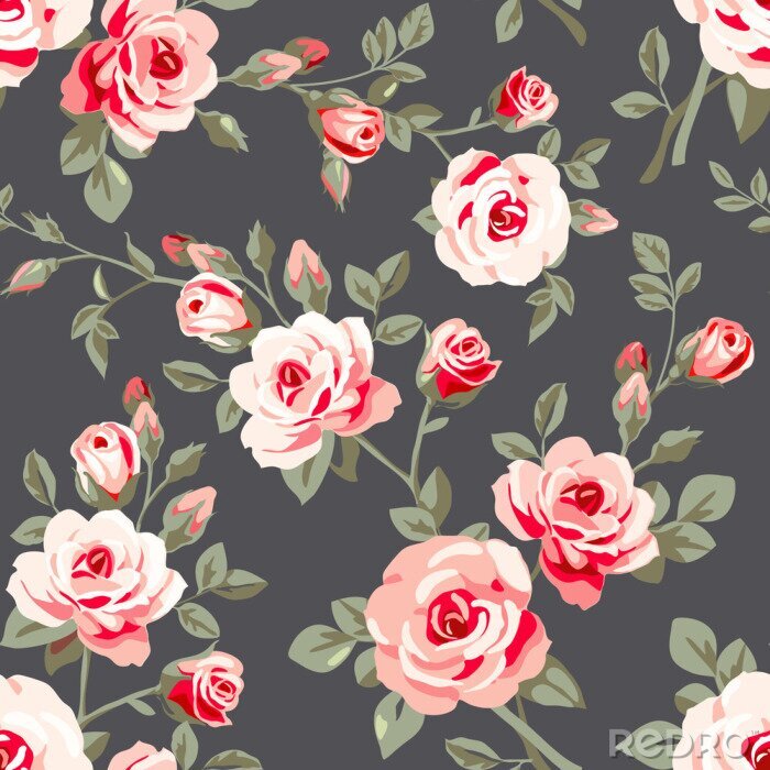Behang Rood geschilderde rozen op een donkere achtergrond in shabby chic stijl