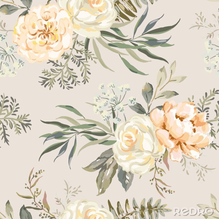 Behang Rose, peony flowers with leaves bouquets, beige background. Floral illustration. Vector seamless pattern. Botanical design. Nature summer plants. Romantic wedding